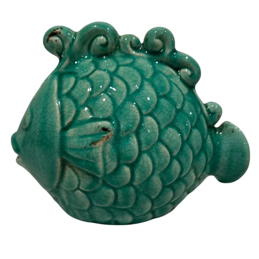 Tozai Home Turquoise Ceramic Fish with Crackle & Distessed Detail